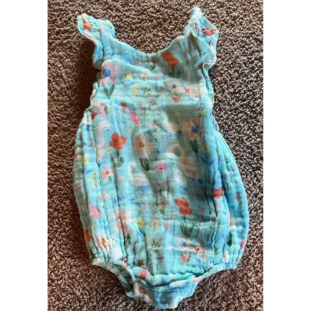 Angel Dear Baby Girl Blue Floral Swan Cotton Muslin Bubble Romper 3-6M Flutter